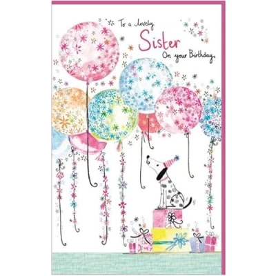 Image of Paper Rose Illustrated Sister Happy Birthday Greeting Card From The Daisy Patch Range Dog Surrounded By Balloons Silver Foil Finish