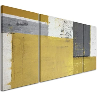 Image of Wallfillers Mustard Yellow Grey Abstract Painting Canvas Wall Art Print 3AC340 XXL 191x65cm