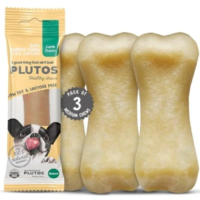 Image of PLUTOS Cheese &amp; Lamb Healthy Dog Chew Bone Long Lasting Natural Chews Safe Dental Treats for Small Large Dogs Lactose Free, High Protein, Pack of 3