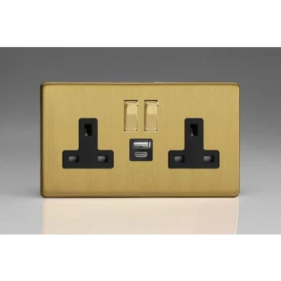 Image of Varilight Flat Plate Screwless Brushed Brass 2 Gang 13A Single Pole Switched Socket with 1x USB A &amp; C Charging Ports Black Inserts