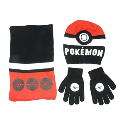 Image of Bioworld Pokemon Pokeball Kids Beanie Hat Cap Scarf and Gloves Set New, Black, One Size
