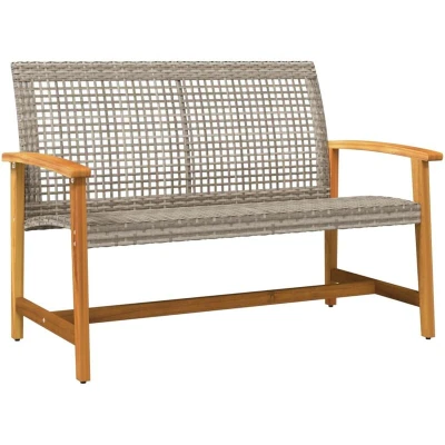 Image of vidaXL Garden Bench Grey Poly Rattan &amp; Acacia Wood Outdoor Seating, UV Resistant with Armrests, 112x64x80 cm for Patio/Garden