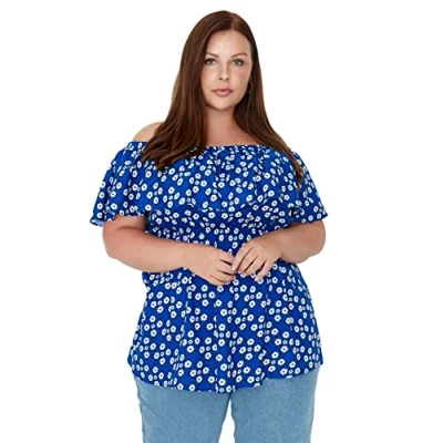 Image of Trendyol Women Plus Size Regular Off Shoulder Carmen Collar Woven Blouse Blue