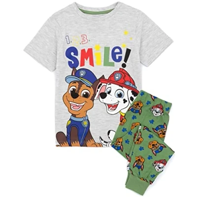 Image of Paw Patrol Boys Pyjamas Kids Girls Chase Marshall Smile Pjs Sets Short Sleeve Grey T Shirt With Green Long Bottoms Children TV Series Merchandise 4 5 Years