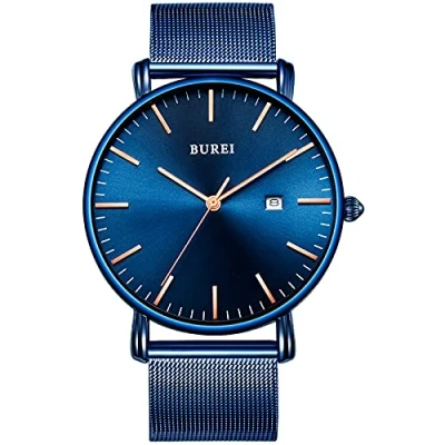 Image of BUREI Men&#039;s Wrist Watches,Minimalist Analog Quartz Watches for Men with Mesh Band,Gifts