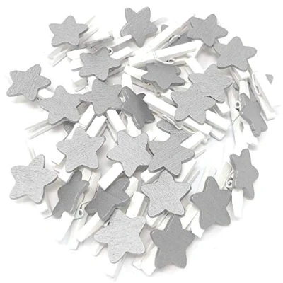 Image of 10pcs 30mm Mini White Clothes Pegs with 18mm Silver Stars Craft For Shabby Chic Wedding &amp; Christmas