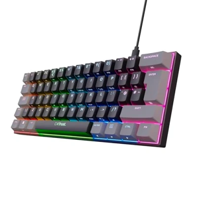 Image of Trust Gaming GXT 867 Acira 60% Mechanical Keyboard UK Layout, RGB Illumination, Dual Function Keys, Ultra Compact Wired Programmable USB Mini 60 Percent PC Laptop Grey/Black
