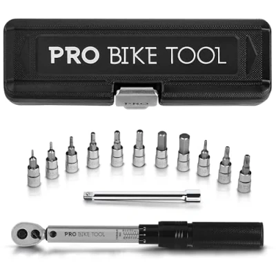 Image of PRO BIKE TOOL 1/4 Inch Drive Click Torque Wrench Set 2 to 20 Nm Bicycle Precision Maintenance Kit for Road &amp; Mountain Bikes Includes Allen Torx Sockets, Extension Bar Storage Box (Silver)