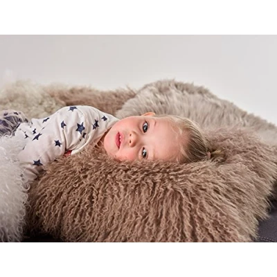 Image of Naturally Sheepskins Genuine Mongolian Sheepskin Cushion Cover in Mocha Decorative Pillow Case with Micro Suede Backing &amp; Zipper Closure Breathable, Dirt Resistant, Durable, Gift Ready