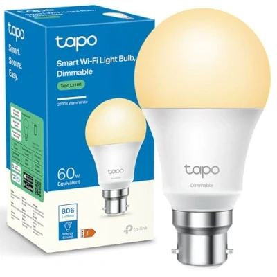 Image of Tapo WiFi Smart Bulb, B22 Light 8.3W, Energy saving, Works with Amazon Alexa and Google Home, Dimmable Soft Warm White Bulbs, (Tapo L510B) [Energy Class F],Packaging may vary
