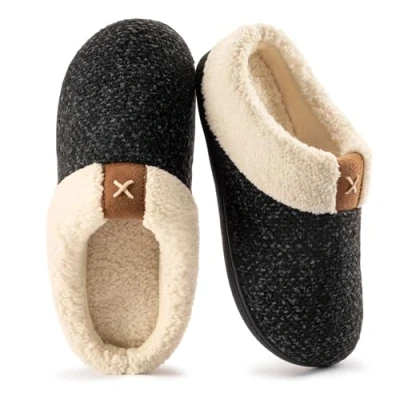 Image of ULTRAIDEAS Ladies&#039; Cozy Memory Foam Slippers Fuzzy Wool Like Plush Fleece Lined House Shoes w/Indoor, Outdoor Anti Skid Rubber Sole(Dark Black, 3 4 UK)