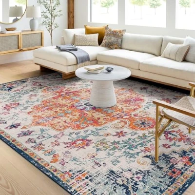 Image of Livabliss Asmara Vintage Rug, Runner Rugs Living Room 95x150 cm, Hallway, Kitchen Area, Traditional Multicoloured Boho Style, Easy Care, Bohemian Large Blue and Orange
