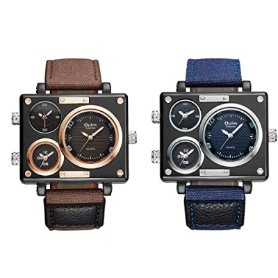 Image of JewelryWe Mens Military Watch Three Time Zone Big Square Quartz Casual Sports Leather Wristwatch