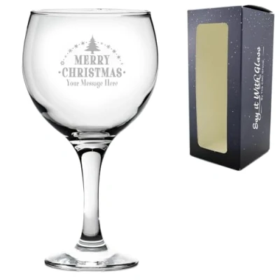 Image of Personalised Engraved Novelty Christmas Gin Balloon Cocktail Glass with Merry Tree Design, Customise Any Name or Message, Gift Box Included, Laser