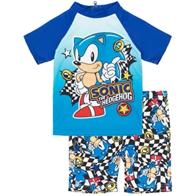 Image of SONIC THE HEDGEHOG Boys Swimsuit Set in Blue 2 Piece T Shirt &amp; Swim Shorts for Kids Racing Checkers Swimming Costume Gamers Gaming Cartoon Swimwear Merchandise Gift Children