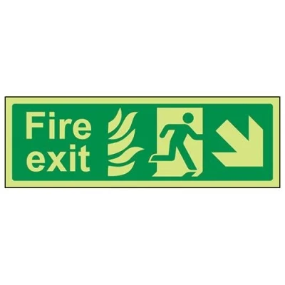 Image of V Safety Glow In The Dark NHS Fire Exit Arrow Down Right Sign 300mm x 100mm Rigid Plastic