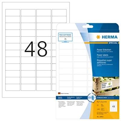 Image of HERMA Extra Strong Adhesive Labels, 48 Labels per A4 Sheet, 25 Sheets, 45.7 x 21.2 mm, 1200 Blank Heavy Duty Stickers, Sticky for Laser &amp; Inkjet Printer, White