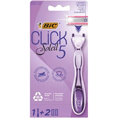 Image of Bic Click 5 Soleil Refillable Women&#039;s Razor, 40% Recycled Plastic Handle with Rubber Grip, 2 x 3 Blade Refills Box of 1+2, Purple
