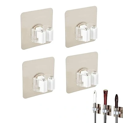 Image of Zhjuju Mop Broom Holder,4 Pack and Holder Wall Mount Organizer Self Adhesive Gripper Holds No Drilling for Kitchen Bathroom Corridor Garage White
