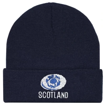 Image of TeddyT&#039;s Scotland Rugby Ball &amp; Scottish Thistle Thermal Rib Knit Navy Beanie Hat