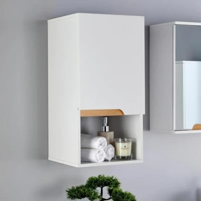 Image of Home Source Bathroom Cabinet, Wall Mounted Storage Shelf, 1 Door Cupboard Vanity Unit, White