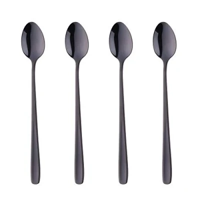 Image of BISDARUN Latte Spoons 18/10 Stainless Steel Long Handle Dessert Spoon Sundae Set of 4 Black Cappuccino Coffee Ice Teaspoon 20 CM/7.9 Inch