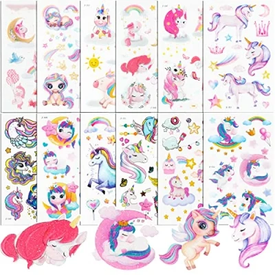 Image of 150± Glitter Unicorn Tattoos 12 Sheets Temporary Tattoo Stickers for Children Girls Party Favors Birthday Decorations Make Up Themed Supplies