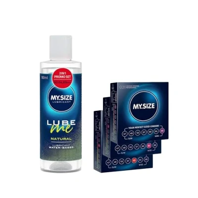 Image of MY.SIZE Condom + Lubricant Set with 100 ml Lube Me Natural &amp; 3x3 Condoms 60, 64, 69 mm Wide I Water Based Gel Suitable for Toys Latex