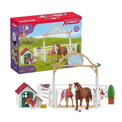 Image of schleich Horse CLUB — 42458 Hannah&#039;s Guest Horses Playset, 20 Piece Stable Toy Set Including Mare, Foal, Hannah Doll and Dog Figurine, Toys for Girls Boys Ages 5+