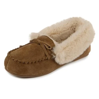 Image of Isotoner Ladies Genuine Suede Moccasin with Faux Fur Lining