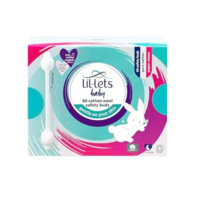 Image of Lil Lets Baby Cotton Wool Safety Buds, 1 x Pack of 60, Certified Organic, 100% Pure Tips, Durable Paper Stems, Plastic Free Dermatologically Tested.