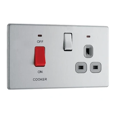 Image of BG Electrical Cooker Switch with Socket and LED, Control Unit, Socket, Double Pole, Screwless Front Plate, Slim Profile, Premium Flatplate, Brushed Steel, Grey Inserts, 45A, FBS70G