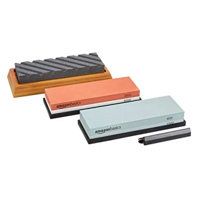 Image of Amazon Basics Knife Sharpening Whetstone Kit, Dual Sided 400/1000 and 3000/8000, Flattening Stone &amp; Non Slip Bamboo Base, Multicolored