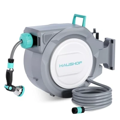 Image of HAUSHOF Hose Reel, 30m Wall Mounted Reel with 10 in 1 Spray Gun, 180 Swivel Garden Auto Retractable Pipe Lock Mechanism, Ideal for Outdoor Watering
