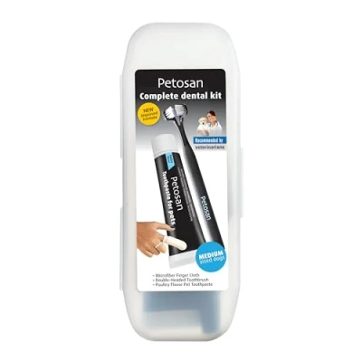 Image of Petosan Complete Dental Kit for Medium Dogs Veterinarian Approved Toothbrush, Toothpaste, and Oral Cleaner Set Promotes Healthy Gums, Controls Tartar, Fights Bad Breath