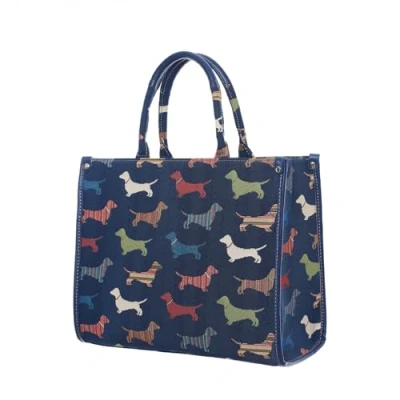 Image of Signare Tapestry Blue Dachshund Sausage Dog City Handbag for Women with Adjustable Crossbody Strap, Eco Friendly &amp; Vegan