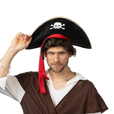 Image of Stylex Pirate Hat with Red Ribbon Fancy Dress Costume Party Pirates