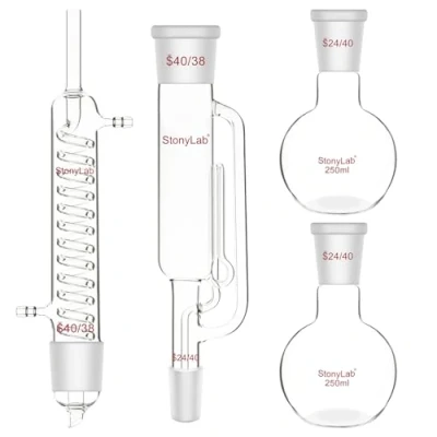 Image of stonylab Soxhlet Type Extraction Kit, Borosilicate Glass 40/38 Extractor with Graham Condenser and Two 250 ml 24/40 Flat Bottom Flasks for Processes