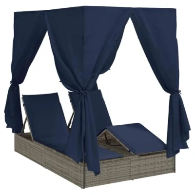Image of vidaXL Double Sun Lounger Set of 2 Grey and Navy Blue Rattan Large
