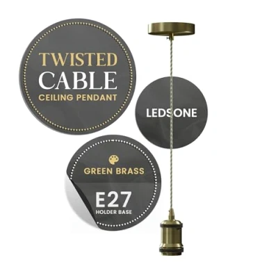 Image of LEDSone Green Brass Vintage Metal Ceiling Pendant Light Fitting, Army Twisted Braided Flex 1m Cable, E27 Lamp Holder Suspended Fitting Kit for Indoor Lightings