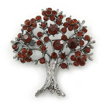 Image of Avalaya Dark Amber Coloured Crystal &#039;Tree of Life&#039; Brooch in Gun Metal Finish 52mm Length