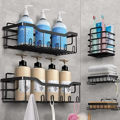 Image of Shower Shelf, No Drilling, Pack of 5 Bathroom Organiser, Black SUS304 Stainless Steel, Basket, Shampoo Holder for