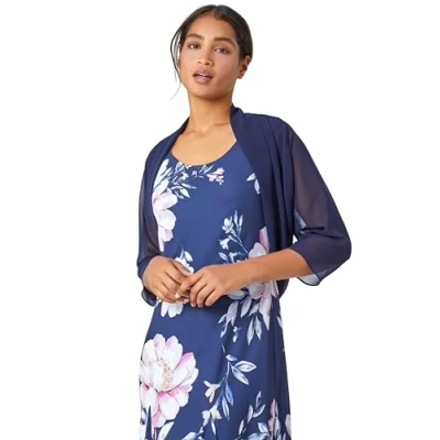 Image of Roman Originals Chiffon Bolero Shrug Jacket for Women UK Ladies Ruched Hem Cover Up Smart Formal Mesh Wrap Shimmer Cropped Blazer Wedding Guests Cardigan Cardi Crease Free Navy Size 18
