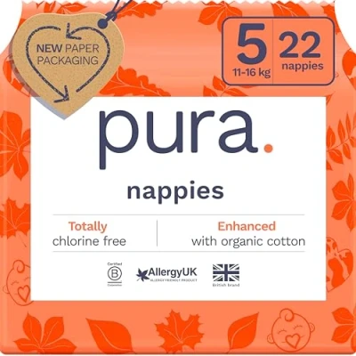 Image of Pura Eco Baby Nappies Size 5 (11 16kg / 24 35 lbs), 1 Pack (22 Nappies), Ultra Soft for Sensitive Skin, Organic Cotton, Up to 12hrs Leak Protection, New Guide