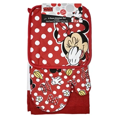 Image of Disney Oven Mitt Pot Holder &amp; Dish Towel 3 pc Kitchen Set (Minnie Mouse Red)