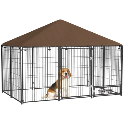 Image of PawHut Outdoor Dog Kennel Puppy Play Pen with Canopy Garden Playpen Fence Crate Enclosure Cage Rotating Bowl 211 x 141 151 cm