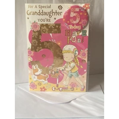 Image of For A Special Granddaughter You&#039;re 5 Have Fun! Birthday Card With Badge Age 5th Fifth Five Cute Girl/Scooter/Dog Glitter/Foil Detail(CC7508/01)