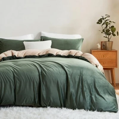 Image of Lanqinglv Fluffy Bed Linen 135 x 200 cm Green Beige Winter Plush Flannel Fleece Reversible Bedding Set Warm Cashmere Touch Flannelette Duvet Cover with Zip and 1 Pillowcase 80