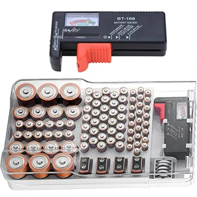Image of Kyrio Battery Organizer Storage with Removable Tester, Batteries Box Hinged Clear Cover, Holds 93 Different size for AAA, AA, 9V, Flat Batteries, C, D