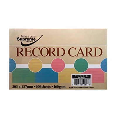 Image of Record Card Ruled 100 Sheets 160gsm 203 x 127mm 8&quot; 5&quot; Colour Cards